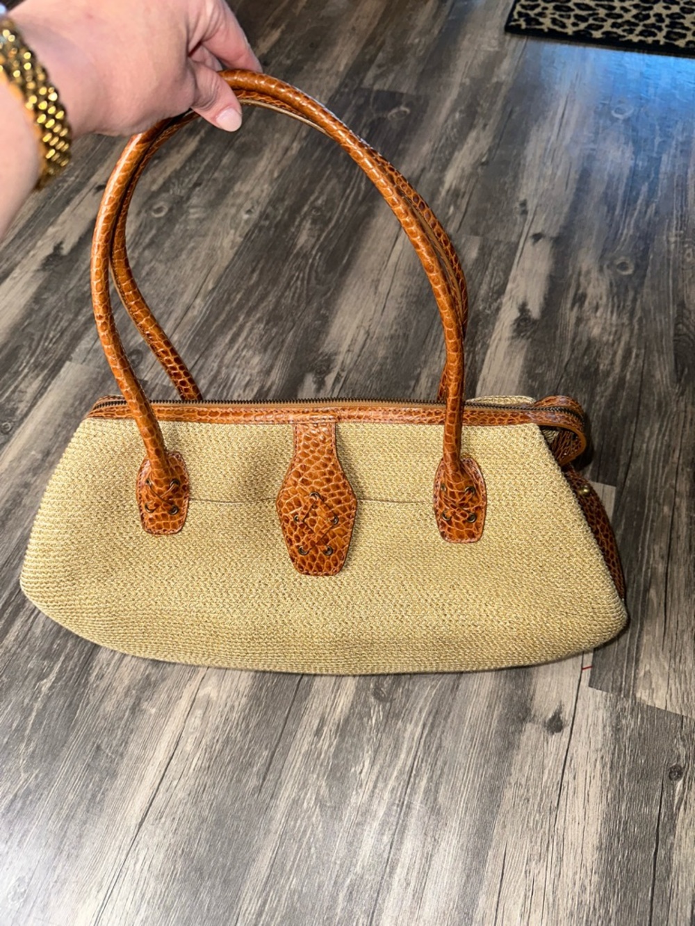 Eric Javits Straw Handbag Tan Woven Purse Brown Leather Trim Shoulder Bag